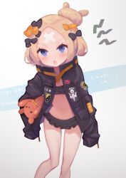 Rule 34 | 1girl, abigail williams (fate), abigail williams (traveling outfit) (fate), absurdres, alternate hairstyle, bandaid, bandaid on face, bandaid on forehead, belt, black bow, black bra, black jacket, black panties, blonde hair, blue eyes, blush, bow, bra, breasts, commentary request, fate/grand order, fate (series), forehead, frilled bra, frilled panties, frills, hair bow, hair bun, high collar, highres, holding, holding stuffed toy, jacket, long hair, looking at viewer, navel, official alternate costume, open clothes, open jacket, open mouth, orange bow, panties, parted bangs, polka dot, polka dot bow, single hair bun, sleeves past fingers, sleeves past wrists, small breasts, solo, stuffed animal, stuffed toy, teddy bear, thighs, tomo (ryo i so ), underwear