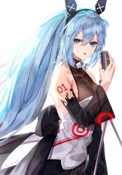 Rule 34 | 1girl, absurdres, bad id, bad pixiv id, bare shoulders, black bow, black shirt, black skirt, black sleeves, blue eyes, blue hair, bow, breasts, cleavage, commentary request, detached sleeves, glowing, hair between eyes, hand up, hatsune miku, highres, holding, holding microphone, long hair, long sleeves, looking at viewer, medium breasts, microphone, microphone stand, parted lips, poharo, see-through, see-through sleeves, shirt, simple background, skirt, sleeveless, sleeveless shirt, solo, twintails, very long hair, vocaloid, white background, wide sleeves