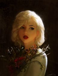 Rule 34 | 1girl, blonde hair, bouquet, brown background, chinese commentary, curly hair, dated, flower, green eyes, highres, holding, holding bouquet, leaf, light, lipstick, looking to the side, makeup, mascara, medium hair, original, parted bangs, parted lips, realistic, red lips, shirt, signature, simple background, solo, translated, upper body, wang chen