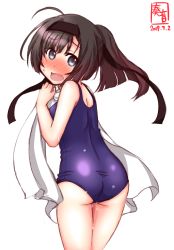 Rule 34 | 1girl, akizuki (kancolle), alternate costume, artist logo, ass, back, black hair, blue eyes, blush, breasts, competition swimsuit, cowboy shot, dated, embarrassed, grey eyes, hachimaki, hair between eyes, hairband, headband, highres, kanon (kurogane knights), kantai collection, looking at viewer, looking back, medium breasts, one-piece swimsuit, open mouth, ponytail, school swimsuit, signature, simple background, solo, swimsuit, towel, wet, white background