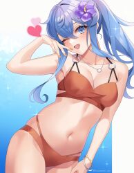 Rule 34 | 1girl, bare arms, bare legs, bare shoulders, bikini, blue eyes, blue hair, blush, breasts, brown bikini, cleavage, collarbone, cowboy shot, flower, gotland (kancolle), hair between eyes, hair flower, hair ornament, heart, highres, kantai collection, kozu (bloomme1 me), large breasts, long hair, mole, mole under eye, navel, one eye closed, open mouth, purple flower, smile, solo, swimsuit, twitter username