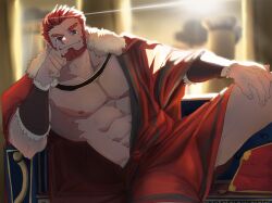 Rule 34 | 1boy, :], abs, alternate costume, ancient greek clothes, backlighting, bara, bare pectorals, beard, elbow rest, facial hair, fate/grand order, fate (series), feet out of frame, greco-roman clothes, highres, iskandar (fate), large pectorals, leg up, looking at viewer, male focus, mature male, muscular, muscular male, nipples, pectorals, pillar, red eyes, red hair, seductive smile, short hair, sitting, smile, solo, spread legs, sunbin kim, thick eyebrows