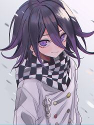Rule 34 | 1boy, absurdres, black scarf, blush, buttons, chain, checkered clothes, checkered scarf, closed mouth, danganronpa (series), danganronpa v3: killing harmony, double-breasted, gradient background, gradient hair, grey background, hair between eyes, highres, jacket, long bangs, looking at viewer, male focus, multicolored hair, oma kokichi, purple eyes, purple hair, sanpaku, scarf, solo, two-tone scarf, upper body, urami0310, white background, white jacket, white scarf