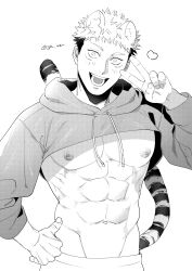 Rule 34 | 1boy, abs, animal ears, bara, bare pectorals, blush, ccccc (jpn m0), crop top, facial mark, greyscale, heart, highres, itadori yuuji, jujutsu kaisen, large pectorals, looking at viewer, male focus, monochrome, muscular, muscular male, navel, nipples, open mouth, pectorals, short hair, smile, solo, tail, tiger boy, tiger ears, tiger tail, twitter username, v