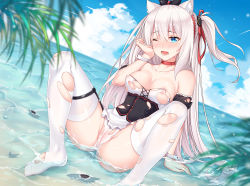 Rule 34 | 1girl, absurdres, animal ears, azur lane, blue eyes, blue sky, breasts, cameltoe, cat ears, chinese commentary, choker, cloud, collarbone, commentary request, corset, covered erect nipples, crying, day, hair ribbon, hammann (azur lane), highres, long hair, one eye closed, one side up, open mouth, panties, ribbon, sannio, sitting, sky, small breasts, solo, thighhighs, torn clothes, torn panties, torn thighhighs, underwear, very long hair, water, white hair, white thighhighs, wrist cuffs