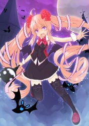Rule 34 | 10s, 1girl, ange vierge, bad id, bad pixiv id, bat (animal), bat wings, black thighhighs, blonde hair, fang, full moon, gradient background, highres, long hair, looking at viewer, maru-pen, moon, neck ribbon, open mouth, original, purple eyes, ribbon, shoes, skirt, solo, staff, thighhighs, twintails, very long hair, wings, wrist cuffs, zettai ryouiki