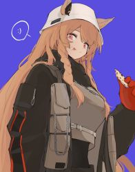 Rule 34 | 1girl, :p, animal ear fluff, animal ears, arknights, black jacket, braid, brown hair, ceobe (arknights), closed mouth, commentary request, dog ears, ears through headwear, food, food on face, gloves, helmet, highres, holding, holding food, jacket, long hair, purple background, red eyes, red gloves, signal 1120, simple background, smile, solo, spoken expression, tongue, tongue out, twin braids, very long hair, white headwear