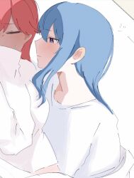 Rule 34 | 2girls, blue eyes, blue hair, blush, closed eyes, closed mouth, commentary request, hatehate, hololive, hoshimachi suisei, long hair, multiple girls, red hair, sakura miko, shirt, sweatdrop, under covers, upper body, virtual youtuber, white shirt, yuri