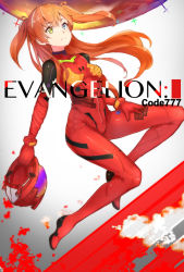 Rule 34 | 10s, 1girl, bandages, blue eyes, bodysuit, bracer, breasts, closed mouth, copyright name, cross, evangelion: 3.0 you can (not) redo, expressionless, floating hair, from side, full body, gloves, gradient background, grey background, hand on own thigh, unworn headwear, helmet, unworn helmet, heterochromia, highres, holding, holding helmet, long hair, looking at viewer, neon genesis evangelion, no eyepatch, orange hair, pilot suit, plugsuit, rebuild of evangelion, red bodysuit, small breasts, souryuu asuka langley, spread legs, tape, turtleneck, twintails, two side up, white background, yellow eyes, z shichao
