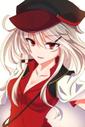 Rule 34 | 1girl, breasts, cleavage, facial scar, fathom, flat cap, gangut (kancolle), gangut dva (kancolle), grey hair, hair between eyes, hair ornament, hat, highres, jacket, kantai collection, long hair, looking at viewer, medium breasts, military, military hat, military uniform, naval uniform, open clothes, open jacket, open mouth, peaked cap, red eyes, red shirt, scar, scar on cheek, scar on face, shirt, solo, uniform, upper body, white background