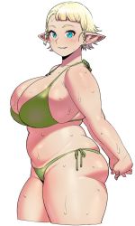 Rule 34 | 1girl, ass, belly, blonde hair, blue eyes, breasts, cleavage, elf, elf-san wa yaserarenai., elfuda (elf-san wa yaserarenai.), from side, green one-piece swimsuit, highres, large breasts, long hair, long pointy ears, looking at viewer, one-piece swimsuit, parted lips, plump, pointy ears, short hair, sideboob, sketch, smile, solo, sweat, swimsuit, synecdoche, white background