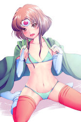 Rule 34 | 1girl, :o, bikini, blue bikini, blue footwear, blush, breasts, bridal gauntlets, brown eyes, brown hair, cameltoe, cape, circlet, commentary request, covered erect nipples, fire emblem, fire emblem: thracia 776, flat chest, green cape, harihisa, looking at viewer, miranda (fire emblem), navel, nintendo, parted bangs, red thighhighs, short hair with long locks, simple background, sitting, small breasts, solo, swimsuit, thighhighs, wariza, white background