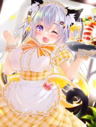 Rule 34 | 1girl, ;d, animal ear fluff, animal ears, apron, blush, breasts, cat ears, cat girl, cat tail, commentary request, dress, fang, food, food-themed hair ornament, food on face, frilled apron, frills, hair between eyes, hair ornament, hairclip, hands up, highres, holding, holding tray, large breasts, looking at viewer, maid headdress, one eye closed, ooji cha, open mouth, original, oziko (ooji cha), parfait, paw hair ornament, plaid, plaid dress, puffy short sleeves, puffy sleeves, purple eyes, shirt, short sleeves, silver hair, smile, solo, strawberry hair ornament, tail, tray, waist apron, waitress, white apron, white shirt, wrist cuffs, yellow dress