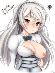 Rule 34 | 1girl, absurdres, armpit cutout, breasts, brown eyes, cleavage, cleavage cutout, clothing cutout, conte di cavour (kancolle), dress, highres, juliet sleeves, kantai collection, large breasts, long hair, long sleeves, nipples, one breast out, puffy sleeves, r31harutan, silver hair, solo, two side up, upper body, white dress
