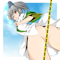 Rule 34 | 1girl, :o, ass, bad id, bad nicoseiga id, blush, caution tape, censored, cloud, female focus, from behind, grey hair, hat, japanese clothes, kariginu, keep out, looking back, mononobe no futo, no panties, open mouth, ponytail, reri, sky, solo, tate eboshi, touhou, yellow eyes