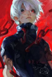 Rule 34 | 1boy, abstract, black eyes, black sclera, broken, broken chain, chain, colored sclera, heterochromia, high collar, kaneki ken, looking at viewer, looking down, male focus, mismatched sclera, nishihara isao, red eyes, shirt, short hair, solo, tokyo ghoul, torn clothes, torn shirt, white hair