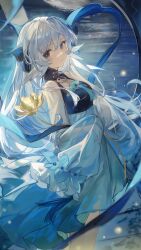 Rule 34 | 1girl, absurdres, arknights, blue bow, blue dress, blue eyes, blush, bow, breasts, cowboy shot, dress, ergouzi echo, feather hair, flower, frilled dress, frills, from side, grey hair, hair bow, highres, long hair, long sleeves, looking at viewer, looking to the side, medium breasts, mulberry (arknights), mulberry (reflection that of the moons) (arknights), official alternate costume, open mouth, parted lips, see-through, see-through sleeves, sidelocks, sleeves past fingers, sleeves past wrists, smile, solo, standing, very long hair, water, white dress, white hair, yellow flower