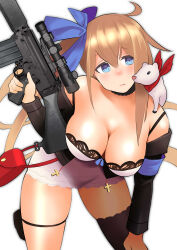 Rule 34 | 1girl, absurdres, animal, armband, asymmetrical legwear, bag, battle rifle, black jacket, black thighhighs, blonde hair, blue armband, blue bow, bow, breasts, choker, cleavage, dress, fal (girls&#039; frontline), ferret, fn fal, gear (gearba50), girls&#039; frontline, gun, hair bow, highres, holding, holding gun, holding weapon, jacket, long hair, pouch, rifle, scope, thigh pouch, thighhighs, trigger discipline, weapon, white background, white dress