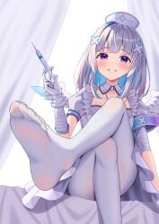 Rule 34 | 1girl, absurdres, amane kanata, amane kanata (nurse), angel wings, armband, bandaged arm, bandages, blue hair, blunt bangs, blush, collarbone, colored inner hair, crossed legs, curtains, detached collar, dress, eyelashes, feathered wings, feet, female focus, flat chest, foot focus, foot out of frame, foreshortening, from below, gloves, gradient eyes, hair ornament, hat, highres, holding, holding syringe, hololive, knees up, kumoru (kumoru 145), legs, long hair, looking at viewer, multicolored eyes, multicolored hair, no shoes, nurse, nurse cap, official alternate costume, pantyhose, pink hair, puffy short sleeves, puffy sleeves, purple eyes, short sleeves, sidelocks, single hair intake, sitting, smile, soles, solo, streaked hair, syringe, teeth, toes, virtual youtuber, white dress, white gloves, white pantyhose, wings, x hair ornament