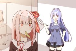 Rule 34 | 2girls, alternate costume, apron, blue hair, bow, chaakusu, food, food in mouth, hair bow, highres, holding, holding knife, indoors, knife, kotonoha akane, kotonoha aoi, long hair, mouth hold, multiple girls, open mouth, pink hair, pleated skirt, ponytail, red bow, red eyes, shrimp, shrimp tempura, siblings, sidelocks, sink, sisters, skirt, sleeves rolled up, sweatdrop, tempura, thighhighs, voiceroid, yellow bow, zettai ryouiki