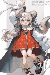 Rule 34 | 1girl, black headwear, bow, cape, checkered bow, checkered clothes, collared dress, commission, crown, double bun, dress, frilled shirt collar, frilled sleeves, frills, grey cape, grey hair, hair bow, hair bun, hair ornament, hairclip, highres, long hair, long sleeves, open mouth, original, orniflop, puffy long sleeves, puffy sleeves, red dress, red eyes, red footwear, shoes, simple background, solo, twintails, v-shaped eyebrows, very long hair, white sleeves