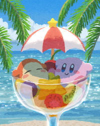 Rule 34 | beach, cloud, cloudy sky, cup, day, drink, closed eyes, food, fruit, glass, highres, kirby, kirby (series), looking to the side, miclot, nintendo, ocean, palm tree, sand, sky, smile, sparkling eyes, star (symbol), tree, umbrella, waddle dee, water