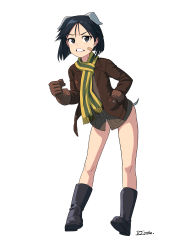 Rule 34 | 1girl, absurdres, animal ears, bandaid, bandaid on face, black hair, blue eyes, blush, boots, brave witches, clenched hand, clenched teeth, dog ears, dog tail, dragoncastle, full body, highres, kanno naoe, looking at viewer, military, military uniform, panties, scarf, short hair, simple background, solo, tail, teeth, underwear, uniform, white background, white panties, world witches series