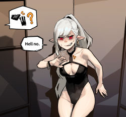 Rule 34 | 1girl, bare shoulders, black one-piece swimsuit, bracelet, breasts, cleavage, cleavage cutout, clothing cutout, earrings, english text, gogalking, grey hair, highres, jewelry, long hair, looking at viewer, one-piece swimsuit, original, ponytail, red eyes, solo, sweatdrop, swimsuit, teeth, vampire (gogalking)