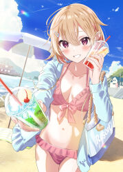 Rule 34 | 1girl, beach, bikini, blonde hair, blue shirt, blue sky, blush, breasts, building, cleavage, cloud, collarbone, commentary request, cover, cover page, cup, day, hair ornament, hairclip, halterneck, hand up, highres, holding, holding cup, long sleeves, looking at viewer, medium breasts, midriff, navel, novel cover, novel illustration, official art, open clothes, open shirt, original, outdoors, outstretched arm, pink bikini, pink eyes, shirt, short hair, siokazunoko, sky, smile, solo, standing, swimsuit, tree, umbrella, water