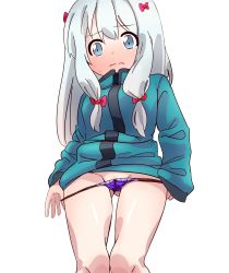Rule 34 | 10s, 1girl, absurdres, blush, bow, closed mouth, eromanga sensei, female focus, female pubic hair, gluteal fold, groin, hair bow, highres, izumi sagiri, jacket, long sleeves, looking at viewer, looking down, mayanokure, panties, panty pull, pubic hair, sidelocks, silver hair, simple background, solo, standing, sweat, underwear, white background