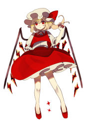 Rule 34 | 1girl, absurdres, ascot, bare legs, blonde hair, bubble skirt, closed mouth, collared shirt, crystal, flandre scarlet, frilled skirt, frilled sleeves, frills, full body, hair between eyes, hand up, hat, hat ribbon, highres, looking away, mob cap, nail polish, no legwear, one side up, petticoat, puffy short sleeves, puffy sleeves, red eyes, red footwear, red nails, red ribbon, red skirt, red vest, red wings, ribbon, shi chimi, shirt, short hair, short sleeves, simple background, skirt, skirt set, slit pupils, solo, standing, touhou, vest, white background, white shirt, wings