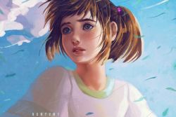 Rule 34 | 00s, 1girl, artist name, blue sky, brown eyes, brown hair, cloud, day, eyebrows, hair tie, lips, looking to the side, nose, numyumy, ogino chihiro, parted lips, ponytail, sen to chihiro no kamikakushi, shirt, short ponytail, sky, solo, studio ghibli, text focus, upper body, watermark, white shirt