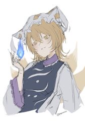 Rule 34 | 8901maru, animal ears, blonde hair, blue fire, fire, fox ears, fox tail, hat, highres, mob cap, multiple tails, one-hour drawing challenge, short hair, signature, tail, touhou, white background, wide sleeves, yakumo ran, yellow eyes