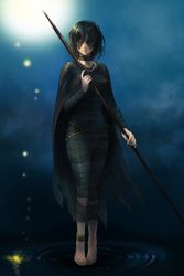 Rule 34 | 1girl, anklet, bandages, barefoot, black dress, black hair, breasts, cape, choker, closed mouth, demon&#039;s souls, dirty, dirty feet, dress, full body, holding, holding staff, jewelry, maiden in black, medium breasts, piyo, short hair, solo, staff, standing, tiptoes