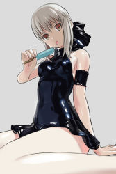 Rule 34 | 1girl, 774 (nanashi), artoria pendragon (all), artoria pendragon (fate), bad id, bad pixiv id, bare shoulders, barefoot, black dress, black one-piece swimsuit, blonde hair, breasts, dessert, dress, eyebrows hidden by hair, fate/stay night, fate/unlimited codes, fate (series), food, grey background, hair ribbon, head tilt, latex, latex dress, looking at viewer, medium breasts, no bra, official alternate costume, one-piece swimsuit, popsicle, ribbon, saber (fate), saber alter, short dress, simple background, sitting, sleeveless, sleeveless dress, solo, swimsuit, thighs, tongue, tongue out, wariza, yellow eyes