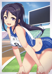 Rule 34 | 1girl, :d, bent over, black hair, blue shorts, blue sky, cloud, collarbone, commentary request, cowboy shot, crop top, day, floating hair, gym shorts, hands on own knees, highres, long hair, looking at viewer, love live!, love live! sunshine!!, matsuura kanan, midriff, open mouth, ponytail, purple eyes, running track, short shorts, shorts, sky, sleeveless, smile, solo, standing, stomach, sweat, track uniform, uniform, yamaori (yamaorimon)