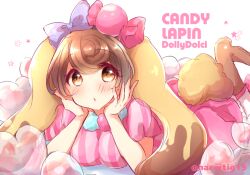 Rule 34 | 1girl, animal ears, brown eyes, brown hair, candy lapin (show by rock!!), character name, copyright name, dress, haru ichigo, head rest, looking at viewer, lop rabbit ears, pink dress, rabbit ears, rabbit girl, short hair, show by rock!!, solo, striped clothes, striped dress, tareme, twitter username