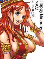 Rule 34 | 1girl, :d, adjusting hair, armlet, bracelet, breasts, brown eyes, character name, cleavage, crown, dated, earrings, happy birthday, jewelry, kiyu (zuyu), large breasts, long hair, looking at viewer, nami (one piece), necklace, one piece, open mouth, orange hair, sideboob, smile, solo, upper body, wavy hair