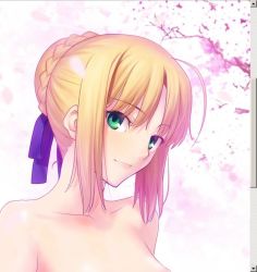 Rule 34 | 1girl, artoria pendragon (fate), blonde hair, breasts, fate/stay night, fate (series), green eyes, medium breasts, nude, nude filter, saber (fate), short hair, solo, third-party edit, tree