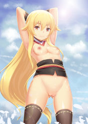 Rule 34 | 1girl, absurdres, arms behind back, arms behind head, arms up, ashikaga chachamaru, bad id, bad pixiv id, black thighhighs, blonde hair, breasts, brown eyes, cloud, contrail, cowboy shot, day, highres, long hair, nipples, petals, pussy, revision, sky, small breasts, smile, solo, soukou akki muramasa, sun, swimsuit, thighhighs, uncensored, very long hair, yizhirenben