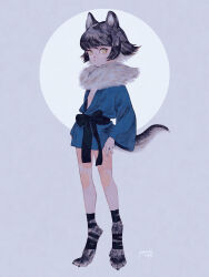 Rule 34 | 1boy, :/, absurdres, androgynous, animal ears, animal feet, artist name, black hair, brown eyes, closed mouth, clothing request, colored inner hair, digitigrade, full body, grey background, grey hair, highres, japanese clothes, leg wrap, long sleeves, looking at viewer, male focus, monster boy, multicolored hair, muted color, neck fur, original, pole mura, sidelocks, simple background, solo, standing, tail, wide sleeves, wolf boy, wolf ears, wolf tail