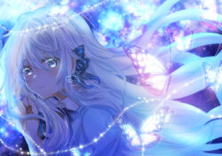 Rule 34 | 1girl, blue background, blue eyes, bug, butterfly, butterfly hair ornament, commentary request, curled fingers, film grain, floating hair, glowing butterfly, hair between eyes, hair ornament, hand up, insect, light blush, long hair, looking at viewer, original, parted lips, purple background, shiopan, signature, solo, teeth, transparent butterfly, two-tone background, upper body, white butterfly, white hair