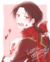 Rule 34 | 1boy, ^^^, blush, bow, brown hair, chocolate, chocolate on face, food, food on face, from behind, happy valentine, highres, japanese clothes, kashuu kiyomitsu, looking back, male focus, mole, mole under mouth, nail polish, open mouth, ponytail, red eyes, red nails, red scarf, scarf, scarf bow, tasuki, touken ranbu, uni (nofty), valentine, whisk