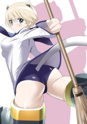 Rule 34 | 1girl, animal ears, ascot, ass, backboob, bad anatomy, blonde hair, blue eyes, blush, brave witches, breasts, broom, cosplay, female focus, from behind, highres, kanchou (karaja), looking back, medium breasts, miyafuji yoshika, miyafuji yoshika (cosplay), nikka edvardine katajainen, no panties, one-piece swimsuit, sailor collar, school swimsuit, short hair, solo, strike witches, striker unit, swimsuit, swimsuit under clothes, tail, white background, world witches series