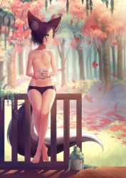 Rule 34 | 1girl, animal ears, animal hands, autumn, autumn leaves, bare legs, barefoot, black panties, borrowed character, brown hair, casual nudity, coffee cup, collarbone, cup, disposable cup, fence, flat chest, forest, fox ears, fox tail, freckles, full body, grass, highres, holding, holding cup, lexi (lurkios), looking to the side, nature, navel, nipples, original, outdoors, panties, plant, potted plant, rimuu, short hair, sitting, solo, steam, stomach, tail, thigh gap, topfreedom, topless, underwear, wooden fence, wooden floor, yellow eyes