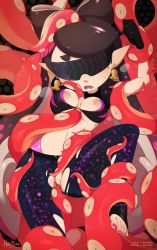 Rule 34 | 1girl, arms up, artist name, bad id, bad pixiv id, between breasts, black background, black gloves, black shirt, blush, breasts, breath, callie (splatoon), clenched hand, clitoris, crop top, dated, earrings, fang, feet, female focus, gloves, gradient hair, heart, highres, jewelry, long hair, medium breasts, merunyaa, midriff, mole, mole under eye, multicolored hair, nail polish, navel, nintendo, nipples, open mouth, pantyhose, patreon, patreon username, pixiv username, pointy ears, purple hair, purple pantyhose, pussy, pussy juice, restrained, shirt, short sleeves, signature, simple background, solo, splatoon (series), spread legs, sweat, teeth, tentacle hair, tentacle sex, tentacles, text focus, toes, torn clothes, torn pantyhose, torn shirt, uncensored, vaginal, visor, watermark