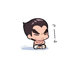 Rule 34 | 1boy, black hair, chibi, closed eyes, closed mouth, crossed arms, facial scar, highres, kotorai, male focus, martial arts belt, mishima kazuya, pants, scar, scar on arm, scar on cheek, scar on face, shadow, short hair, sideburns, signature, sitting, solo, tekken, thick eyebrows, topless male, v-shaped eyebrows, white background, white pants