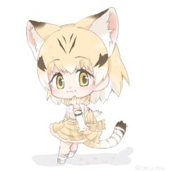 Rule 34 | 10s, 1girl, :3, animal ears, arms at sides, bare shoulders, blonde hair, blouse, blush, bow, bowtie, cat ears, cat girl, cat tail, chibi, elbow gloves, eyelashes, footwear ribbon, frilled skirt, frills, from side, full body, gloves, gradient hair, kemono friends, kneehighs, looking at viewer, multicolored hair, ribbon, sand cat (kemono friends), shadow, shirt, simple background, skirt, sleeveless, sleeveless shirt, socks, solo, standing, streaked hair, striped tail, tail, tareme, tatsuno newo, twitter username, white background, white hair, white ribbon, white shirt, yellow eyes