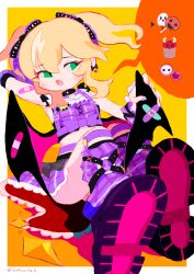 Rule 34 | 1girl, absurdres, arm behind head, bandaid, bandaid on arm, black choker, black wings, blonde hair, border, bow, breasts, candy, choker, cropped shirt, demon tail, demon wings, earrings, fang, food, green eyes, hair between eyes, highres, idolmaster, idolmaster cinderella girls, jewelry, leaning back, leg warmers, long hair, looking to the side, nail polish, noniha, open mouth, plaid, plaid skirt, purple bow, purple shirt, purple skirt, sakurai momoka, shirt, shoe soles, sitting, skin fang, skirt, small breasts, solo, speech bubble, tail, two side up, white border, wings
