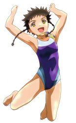 Rule 34 | 00s, armpits, barefoot, black hair, braid, brown hair, competition swimsuit, feet, flat chest, goggles, highres, hisayuki hirokazu, minagi mikoto, my-hime, official art, one-piece swimsuit, scan, short hair, simple background, smile, solo, swimsuit, tomboy, twin braids, yellow eyes